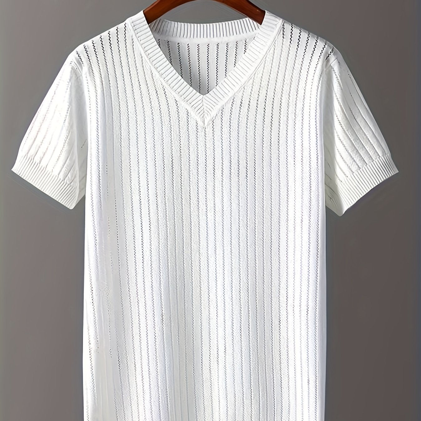 Men's Ice Silky Fiber V-Neck Short Sleeve Knit Sweater - Semi-Sheer Openwork Design, Solid Color Casual Pullover for Spring & Fall, Breathable & Versatile