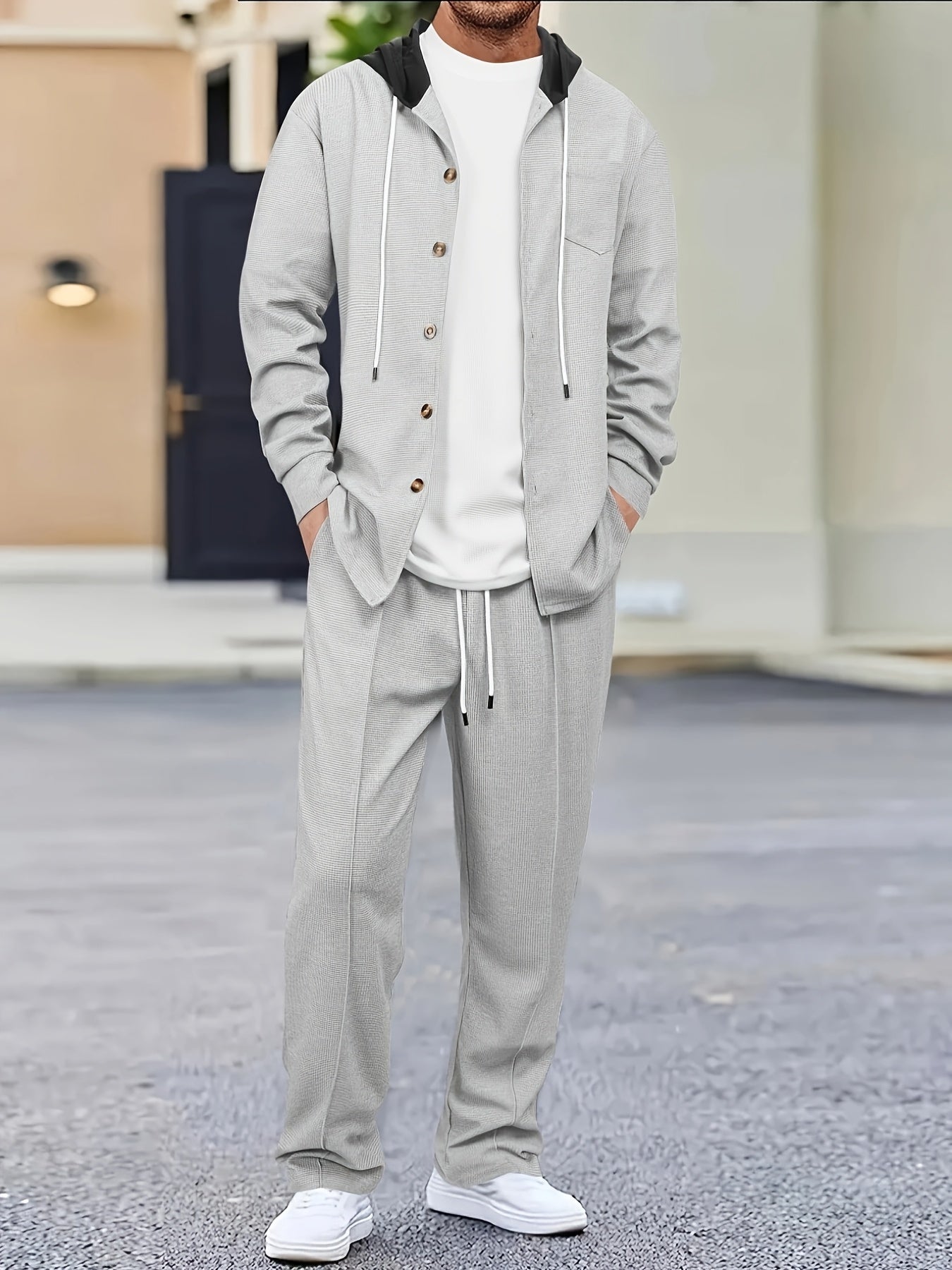 Comfortable Waffle Knit Set Men's Comfortable Two-Piece Waffle Knit Set | Hooded Button-Up Cardigan and Drawstring Sweatpants