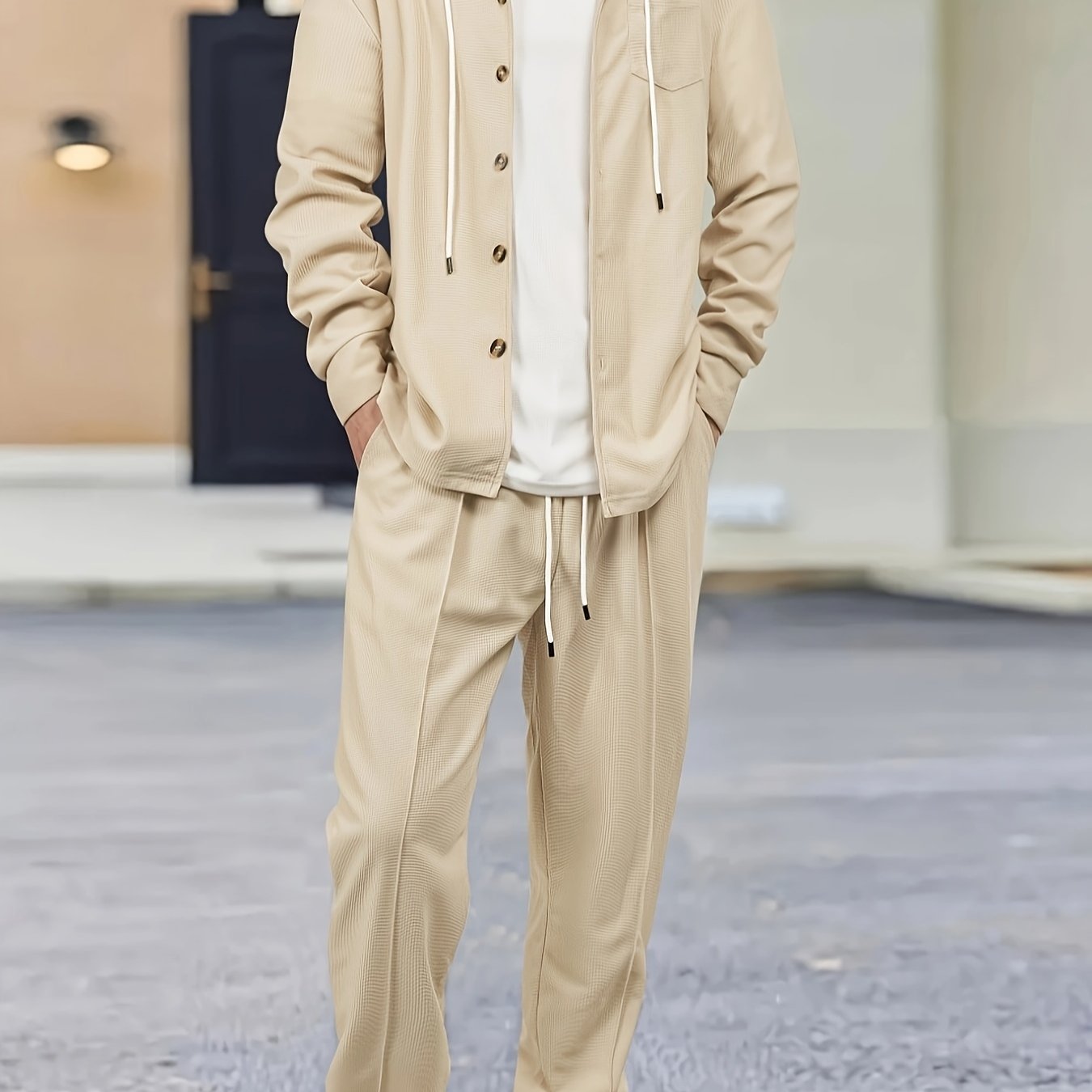 Comfortable Waffle Knit Set Men's Comfortable Two-Piece Waffle Knit Set | Hooded Button-Up Cardigan and Drawstring Sweatpants