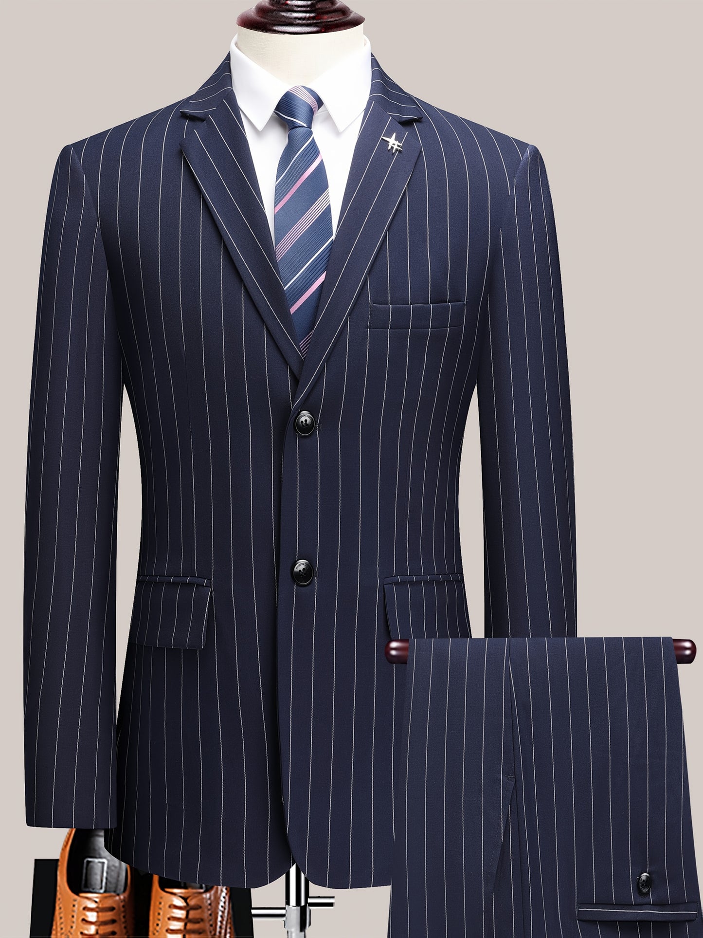 Men'S Striped Suit Set for Business Casual And Formal Events, Featuring a Lightweight Design Suitable for Spring And Autumn. The Two-Piece Suit Is Durable,