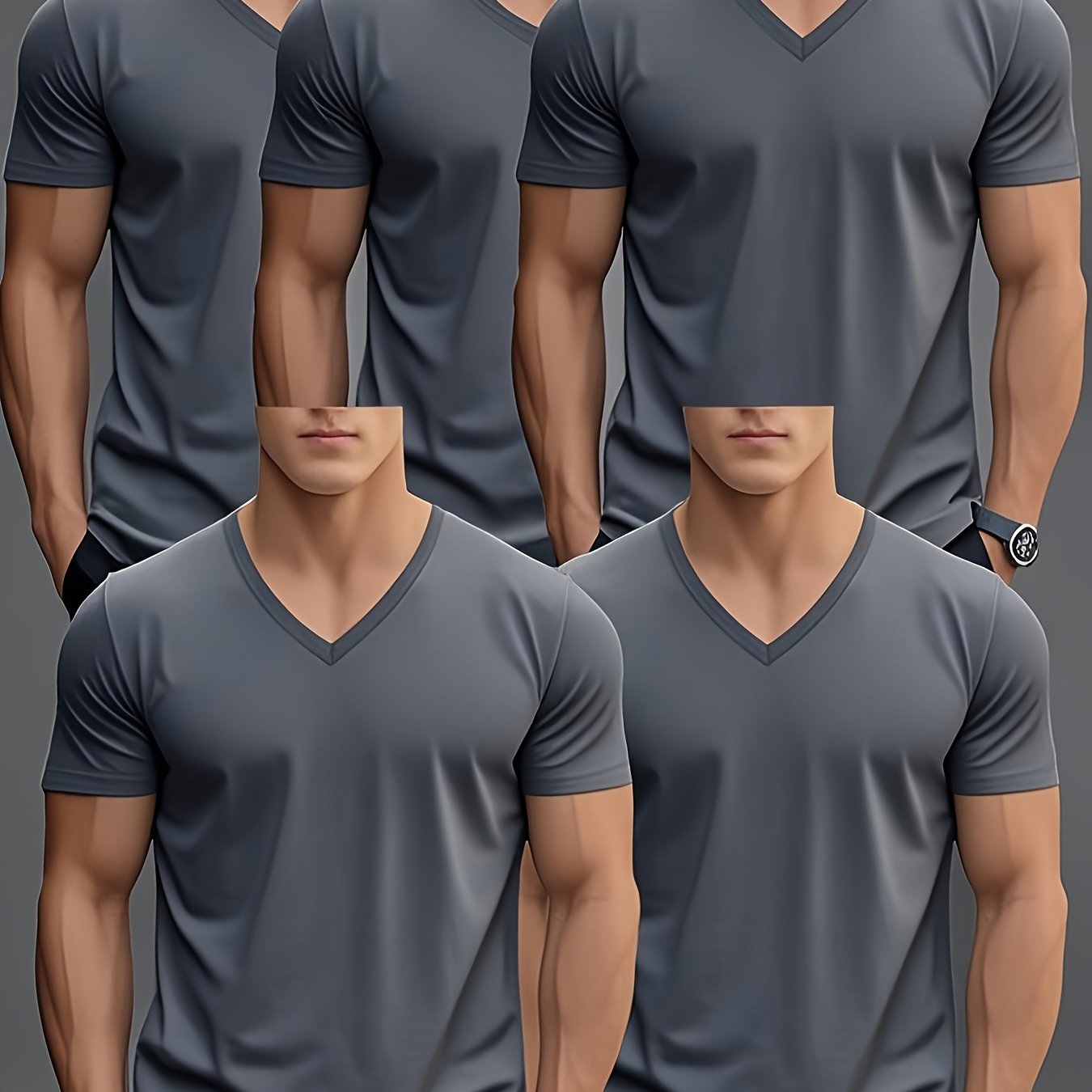 Men'S Summer Classic V-Neck Casual Short Sleeve T-Shirt Set of Five Pieces: Black, White, Gray, Navy Blue, and Dark Gray with Orange Print, PLUS SIZE