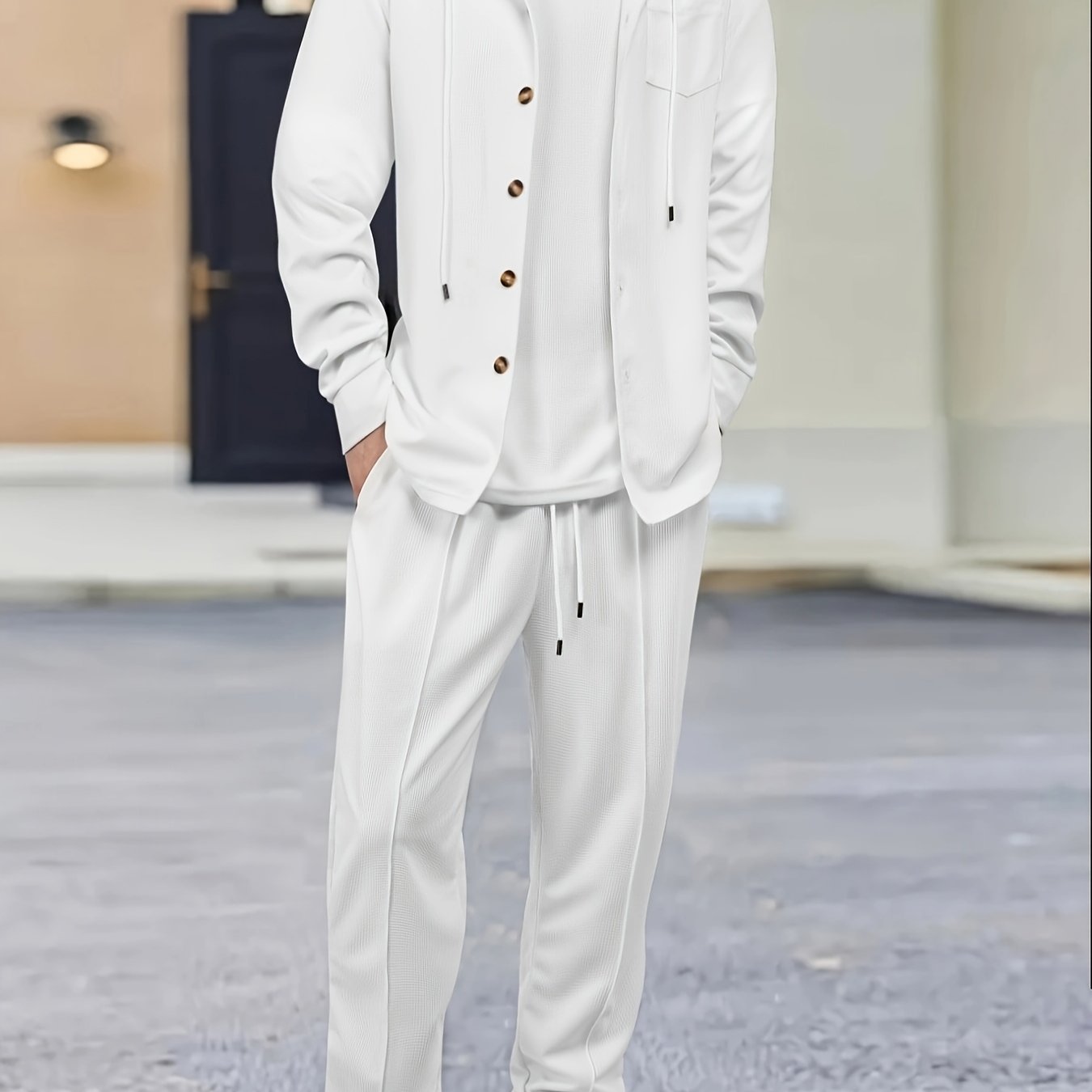 Comfortable Waffle Knit Set Men's Comfortable Two-Piece Waffle Knit Set | Hooded Button-Up Cardigan and Drawstring Sweatpants