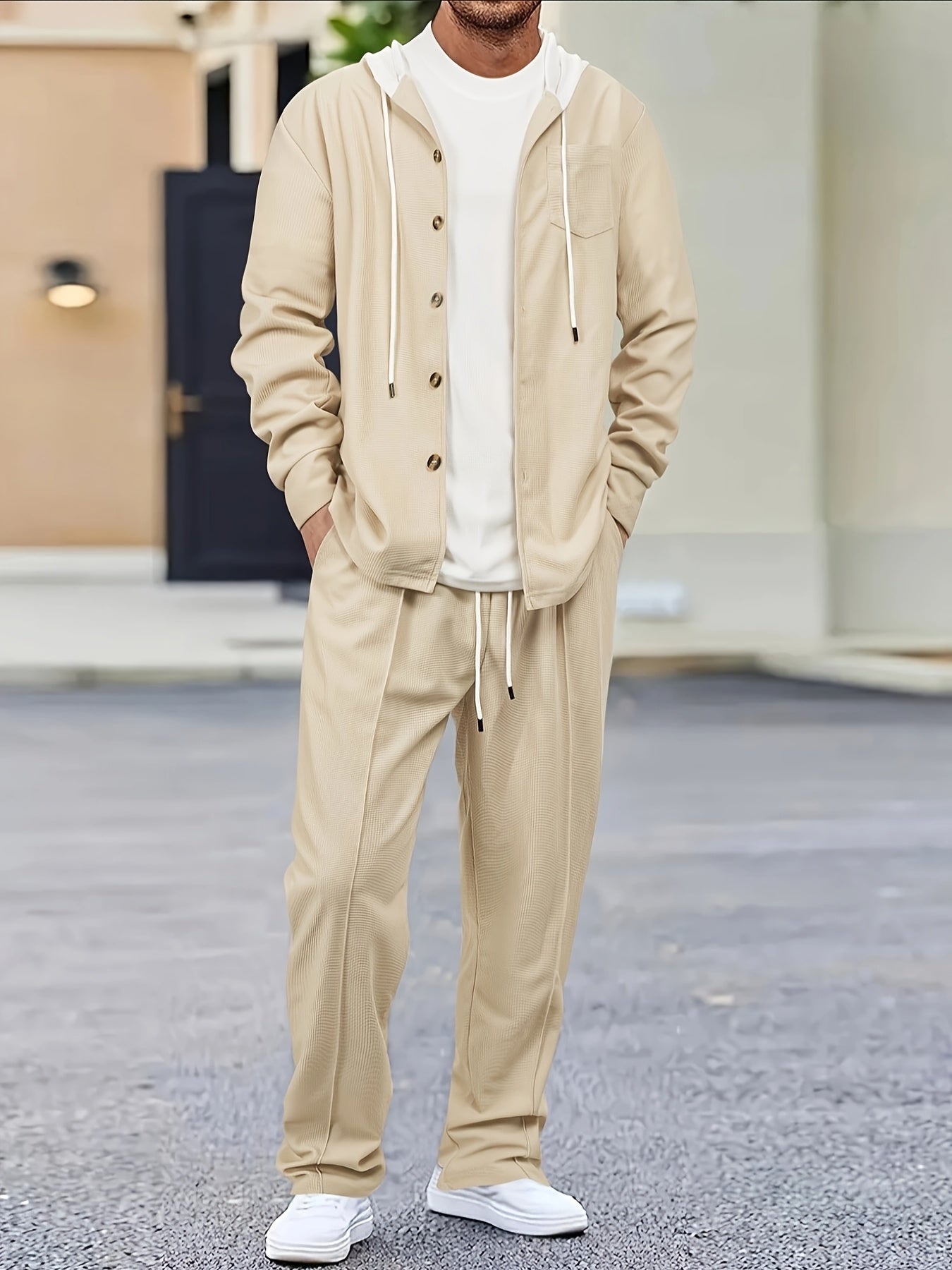 Comfortable Waffle Knit Set Men's Comfortable Two-Piece Waffle Knit Set | Hooded Button-Up Cardigan and Drawstring Sweatpants