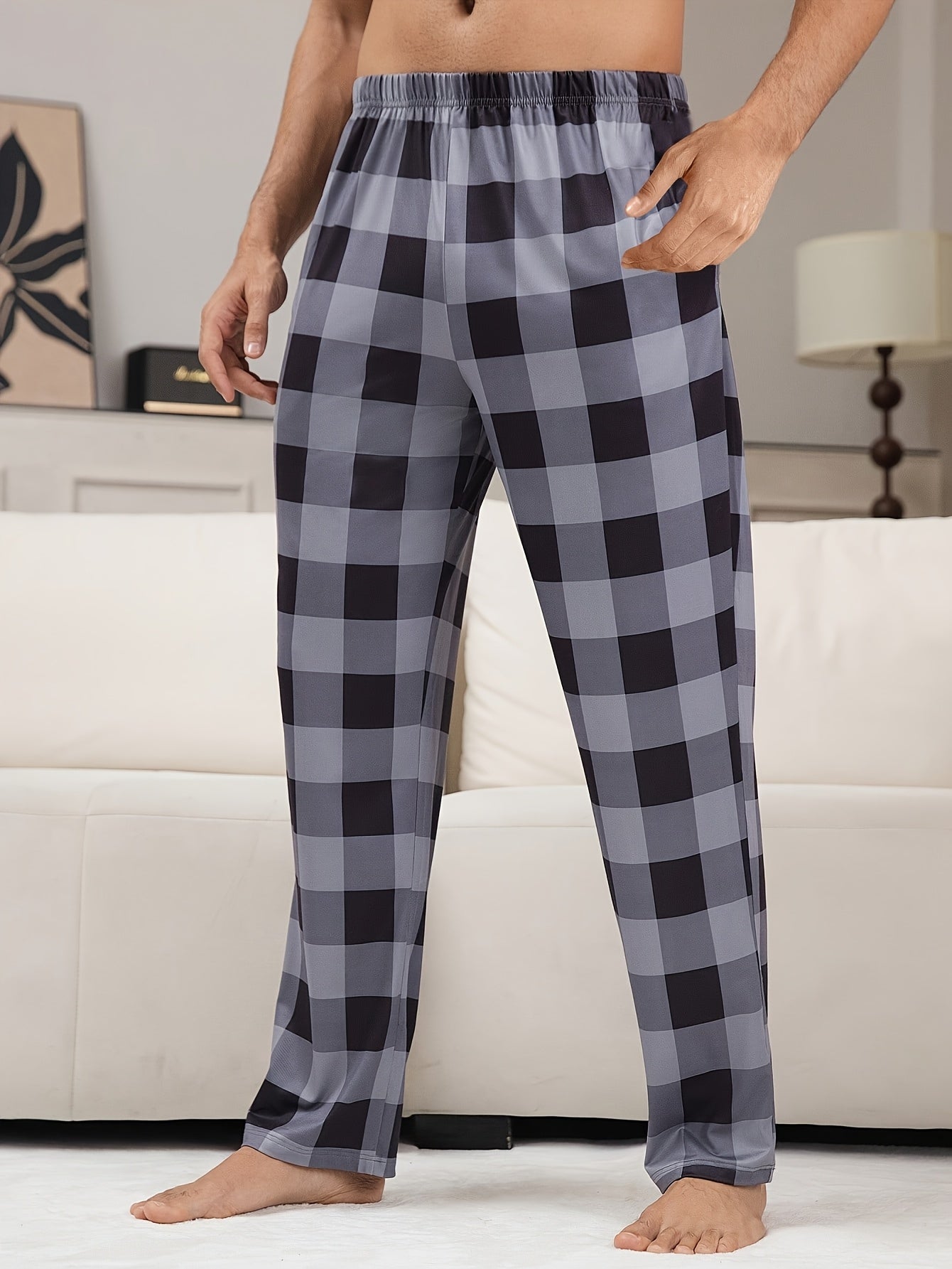 Men'S 2pcs Plaid Print Pajama Pants, Casual Home Wear
