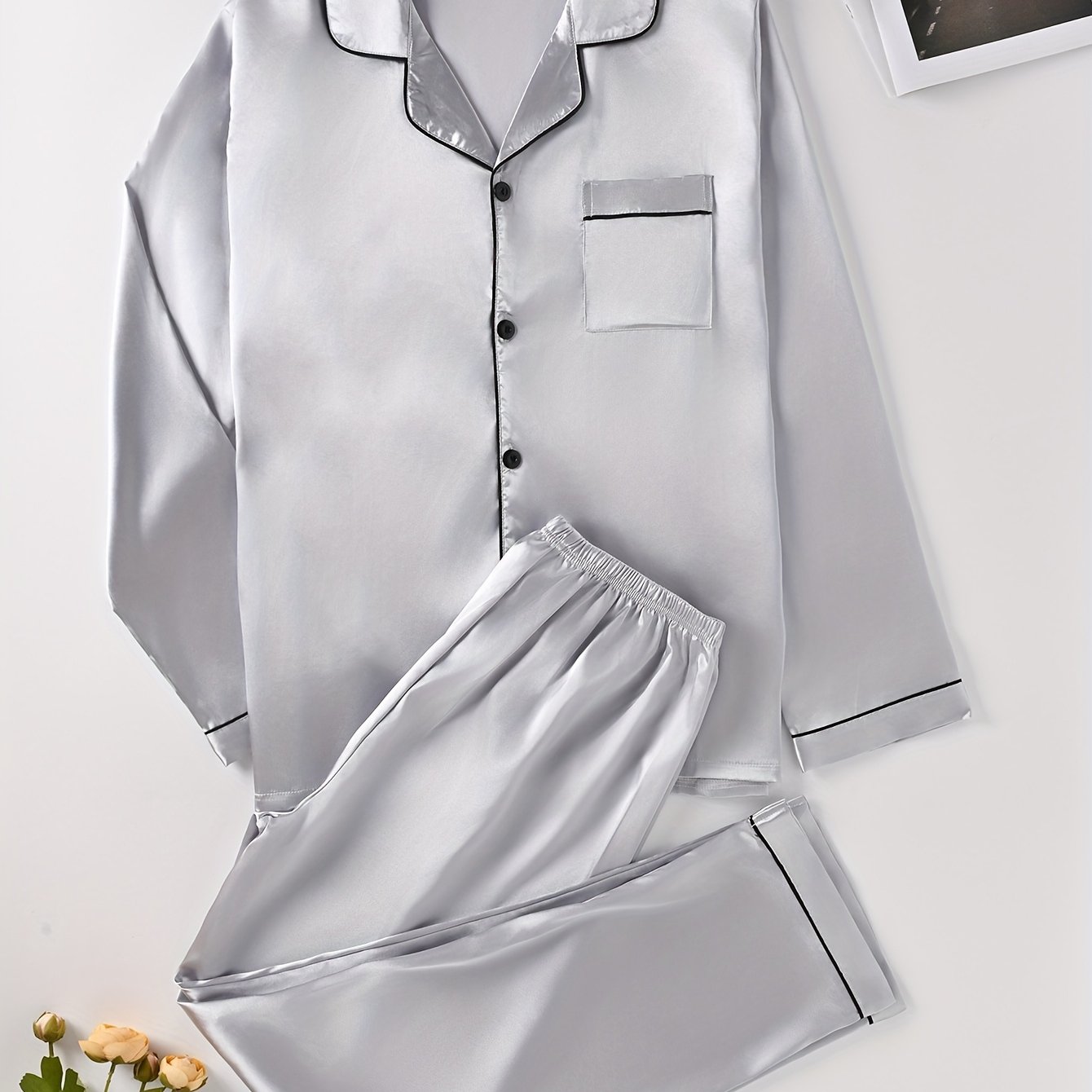 2pcs Soft Polyester Blend Men's Pajama Set - Breathable Long Sleeve & Pants Sleepwear, Solid Color, Button-Up Pajamas for Home & Outdoor Comfort