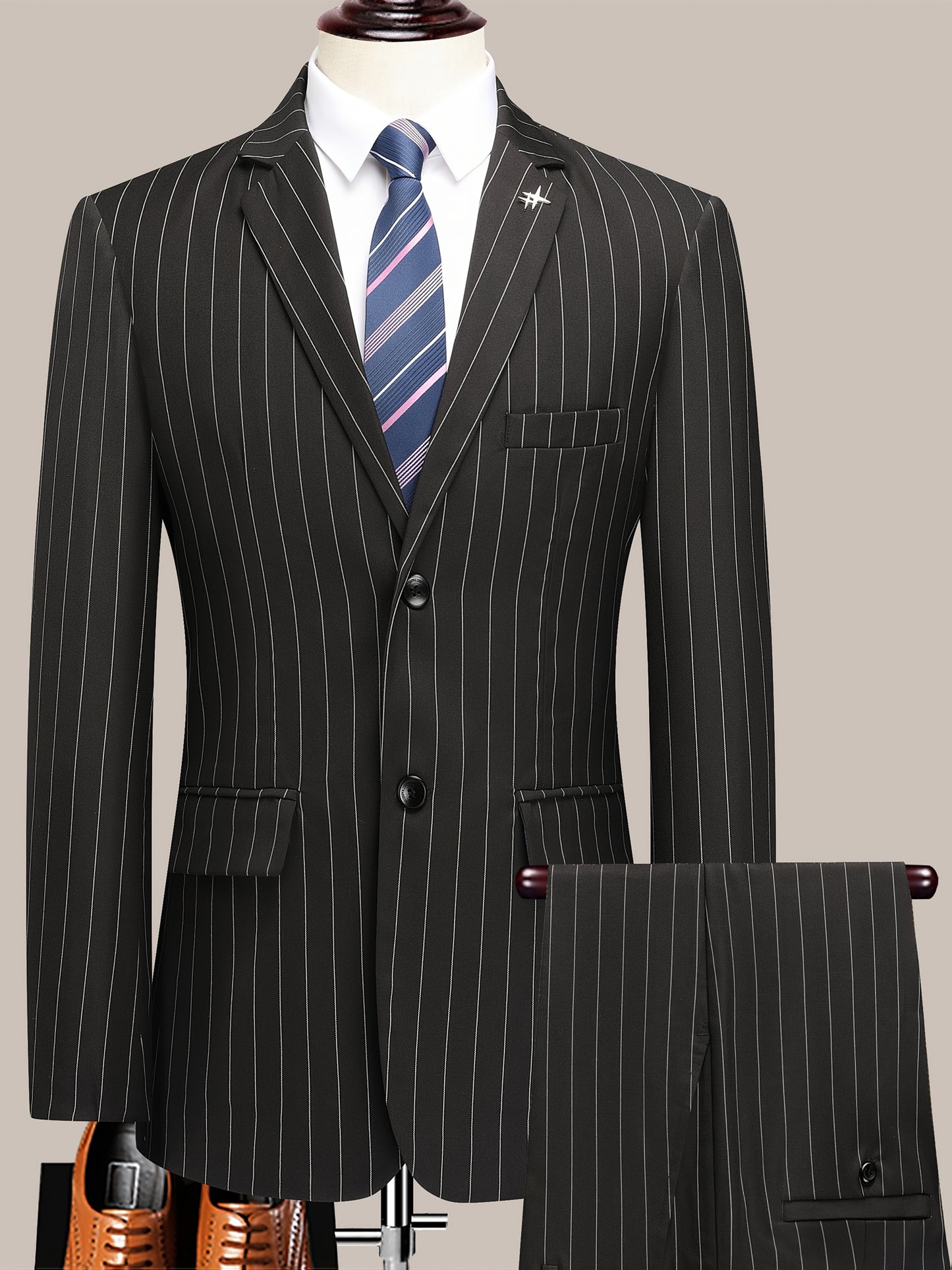 Men'S Striped Suit Set for Business Casual And Formal Events, Featuring a Lightweight Design Suitable for Spring And Autumn. The Two-Piece Suit Is Durable,