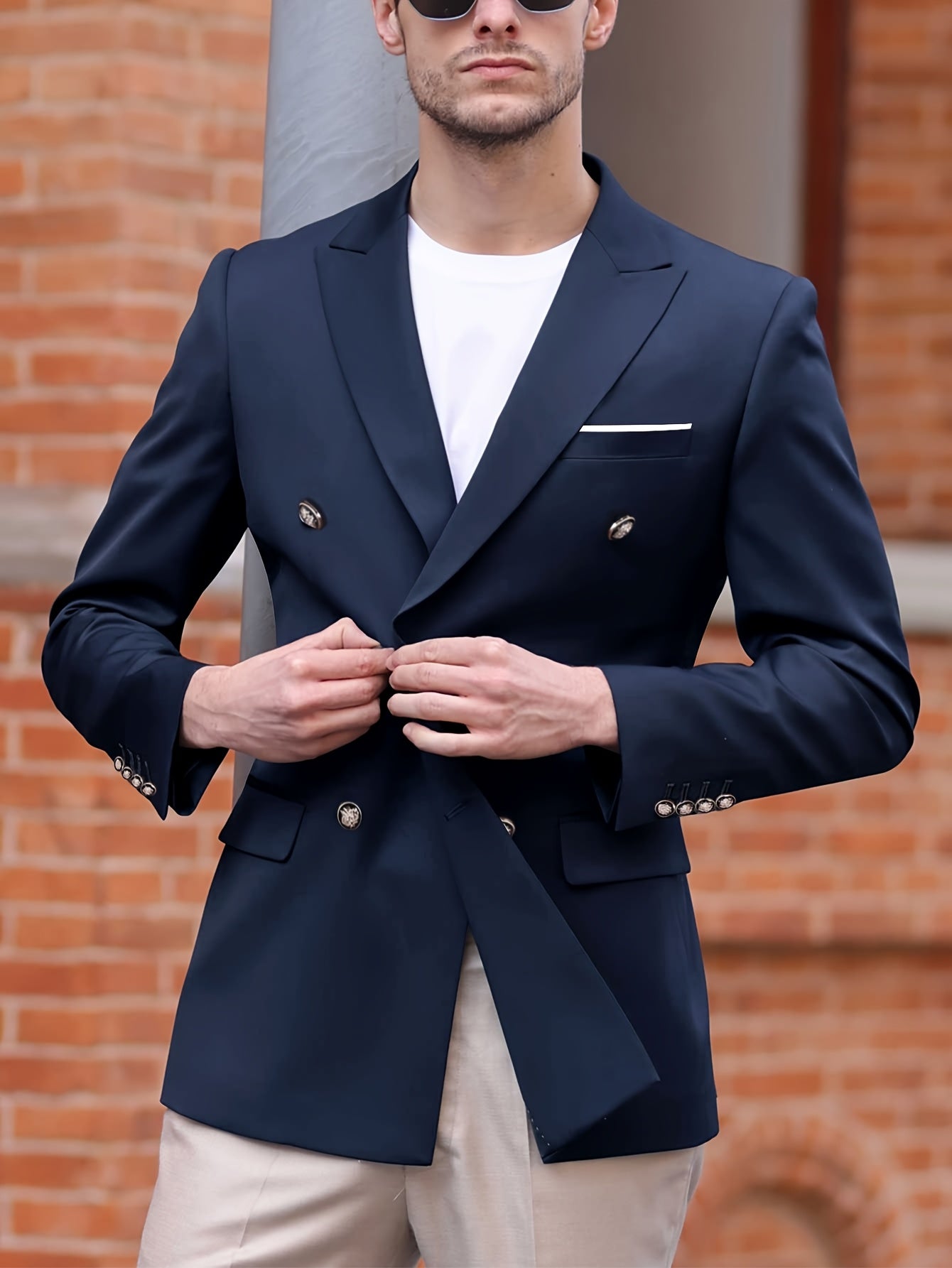 1pc Navy Blue Men's Double-Breasted Notch Lapel Suit Jacket - Luxury Business Casual Coat with Golden-Tone Buttons,
