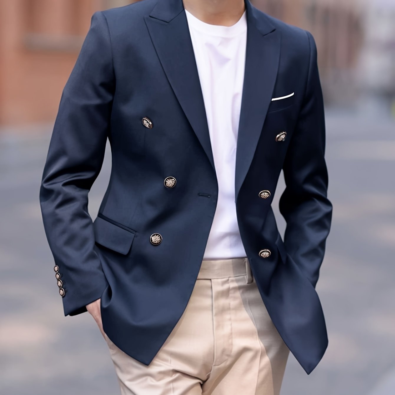 1pc Navy Blue Men's Double-Breasted Notch Lapel Suit Jacket - Luxury Business Casual Coat with Golden-Tone Buttons,
