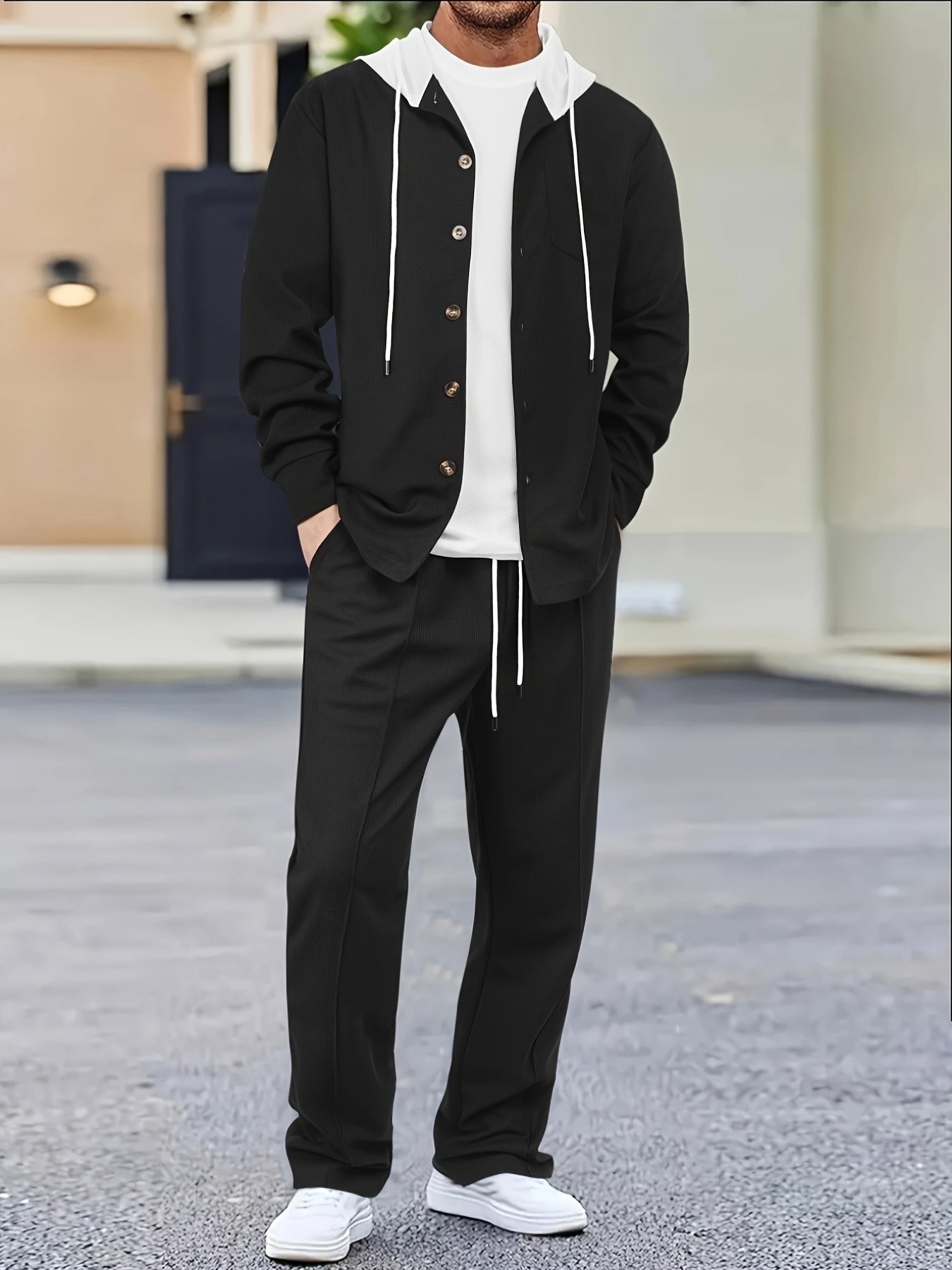 Comfortable Waffle Knit Set Men's Comfortable Two-Piece Waffle Knit Set | Hooded Button-Up Cardigan and Drawstring Sweatpants