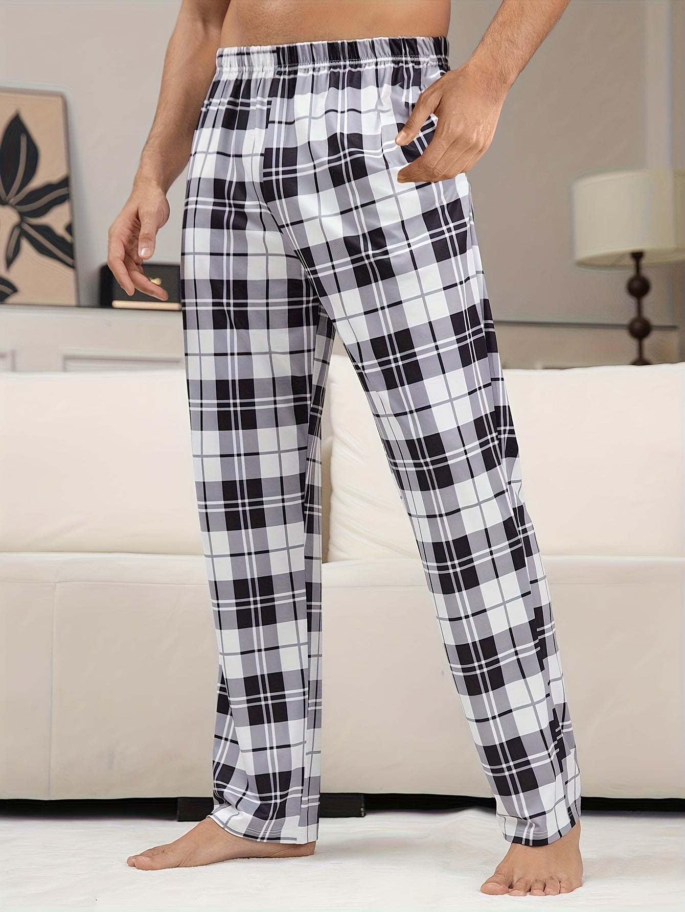 Men'S 2pcs Plaid Print Pajama Pants, Casual Home Wear