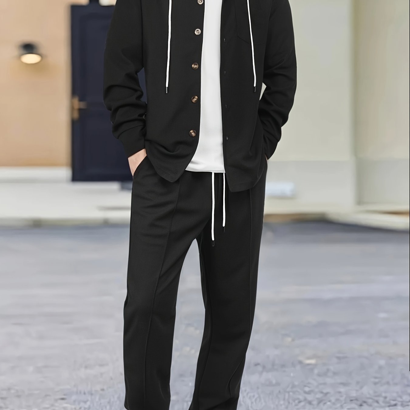 Comfortable Waffle Knit Set Men's Comfortable Two-Piece Waffle Knit Set | Hooded Button-Up Cardigan and Drawstring Sweatpants