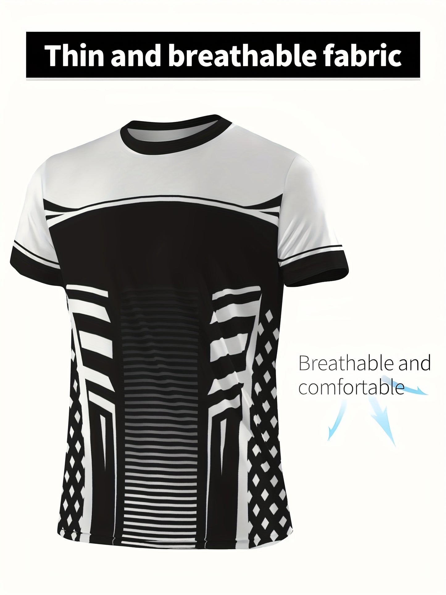 Geometric print high stretch skinny fit short sleeve crew neck T-shirt, quick-drying sports top for summer fitness,