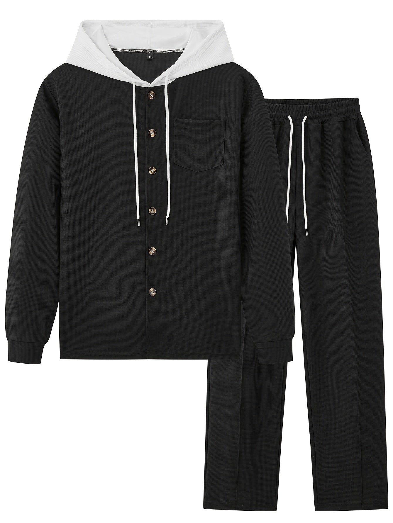 Comfortable Waffle Knit Set Men's Comfortable Two-Piece Waffle Knit Set | Hooded Button-Up Cardigan and Drawstring Sweatpants