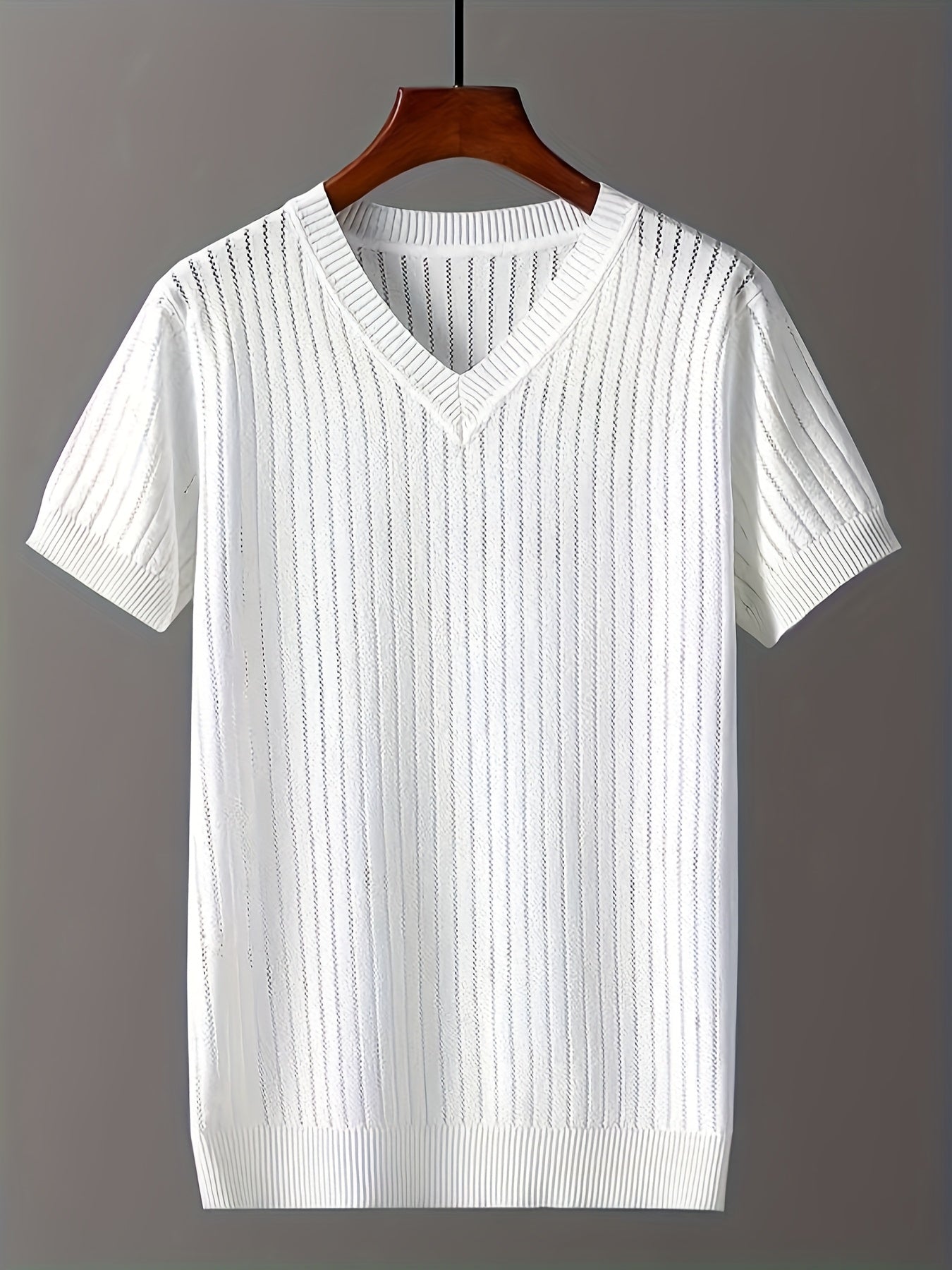 Men's Ice Silky Fiber V-Neck Short Sleeve Knit Sweater - Semi-Sheer Openwork Design, Solid Color Casual Pullover for Spring & Fall, Breathable & Versatile