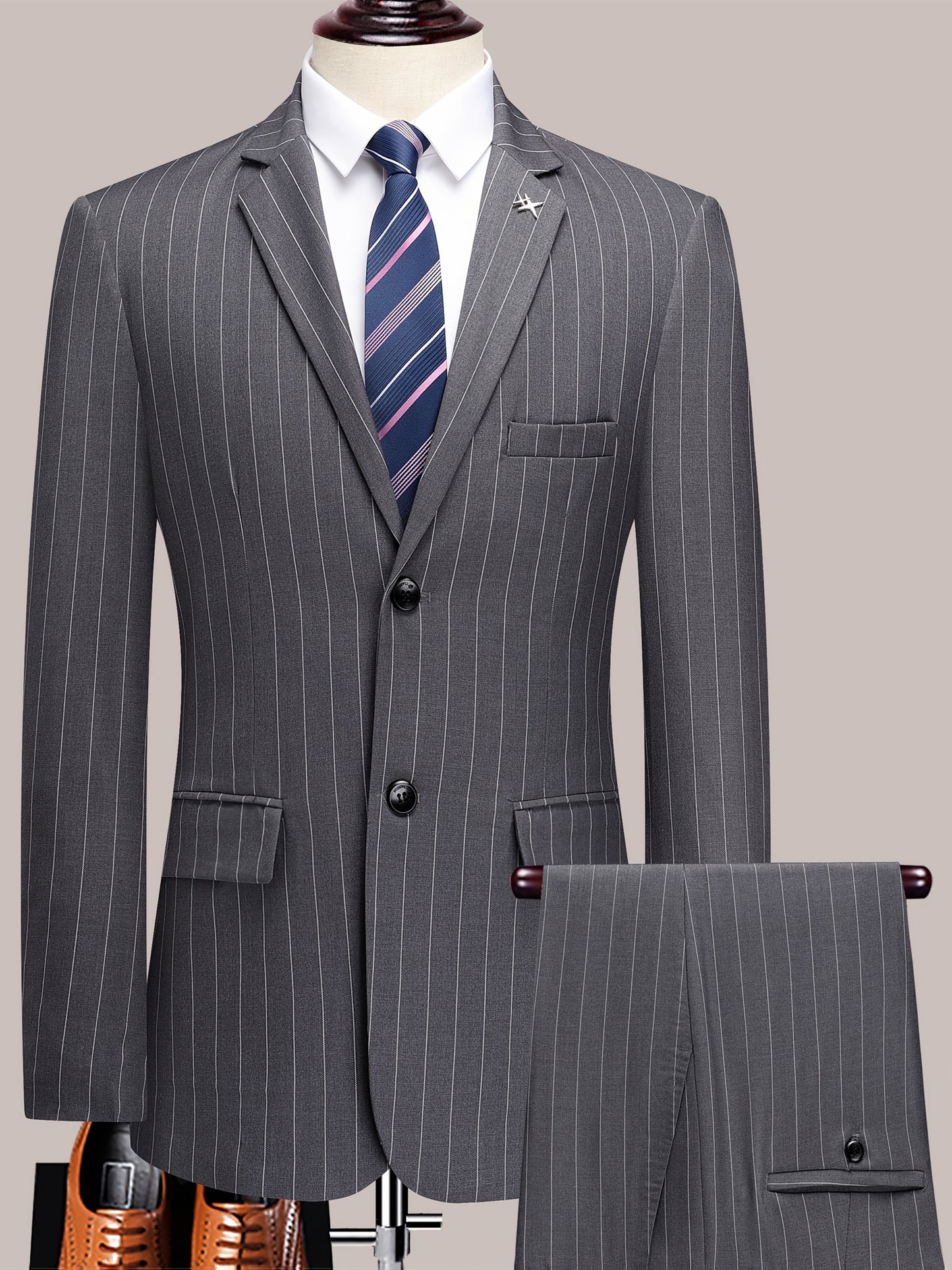 Men'S Striped Suit Set for Business Casual And Formal Events, Featuring a Lightweight Design Suitable for Spring And Autumn. The Two-Piece Suit Is Durable,