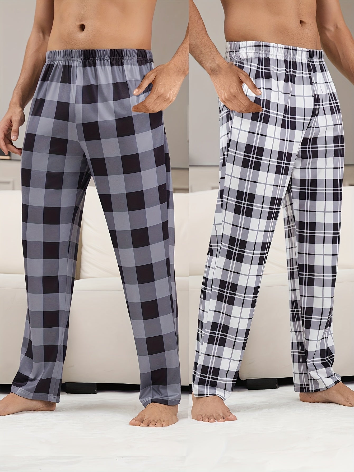 Men'S 2pcs Plaid Print Pajama Pants, Casual Home Wear