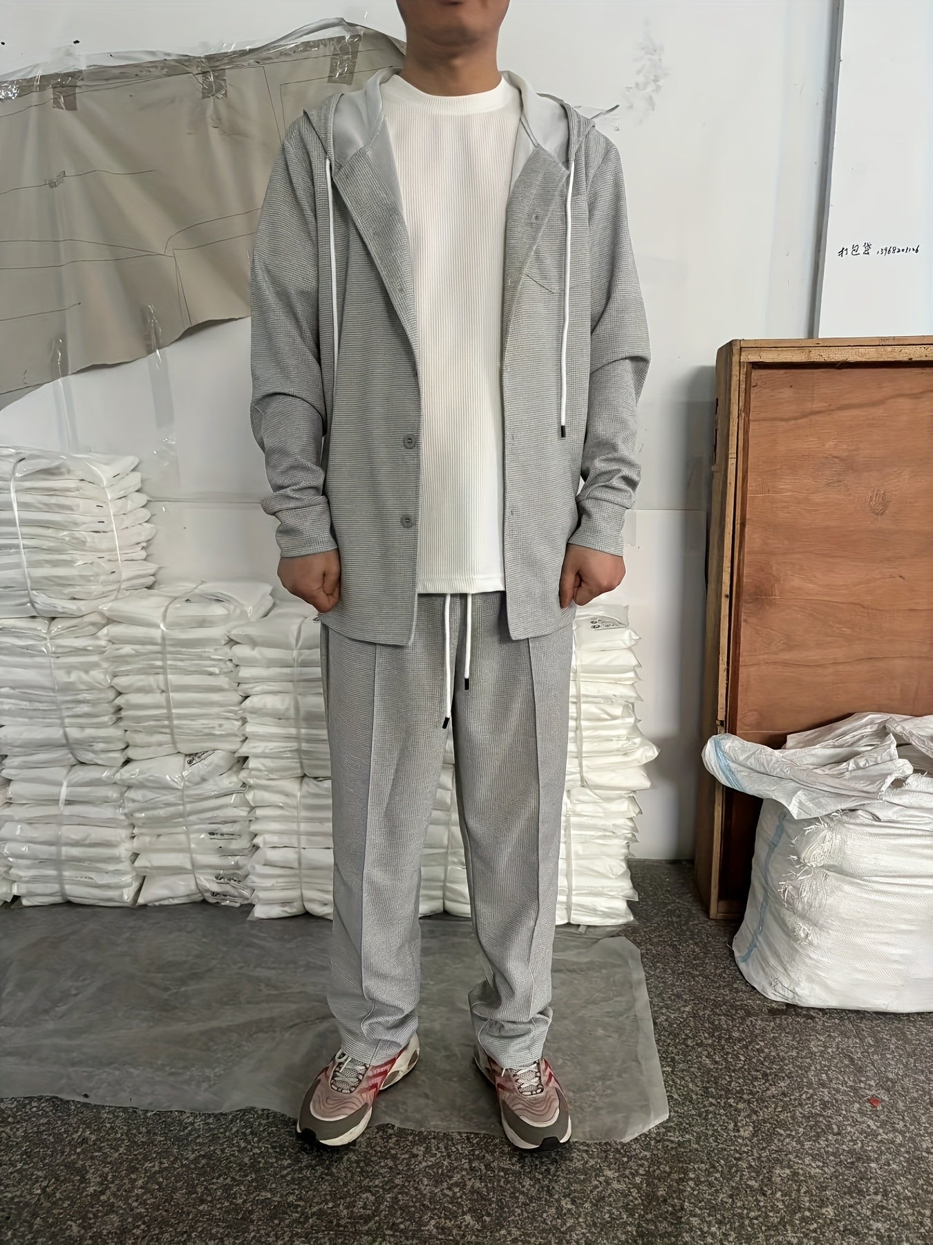 Comfortable Waffle Knit Set Men's Comfortable Two-Piece Waffle Knit Set | Hooded Button-Up Cardigan and Drawstring Sweatpants