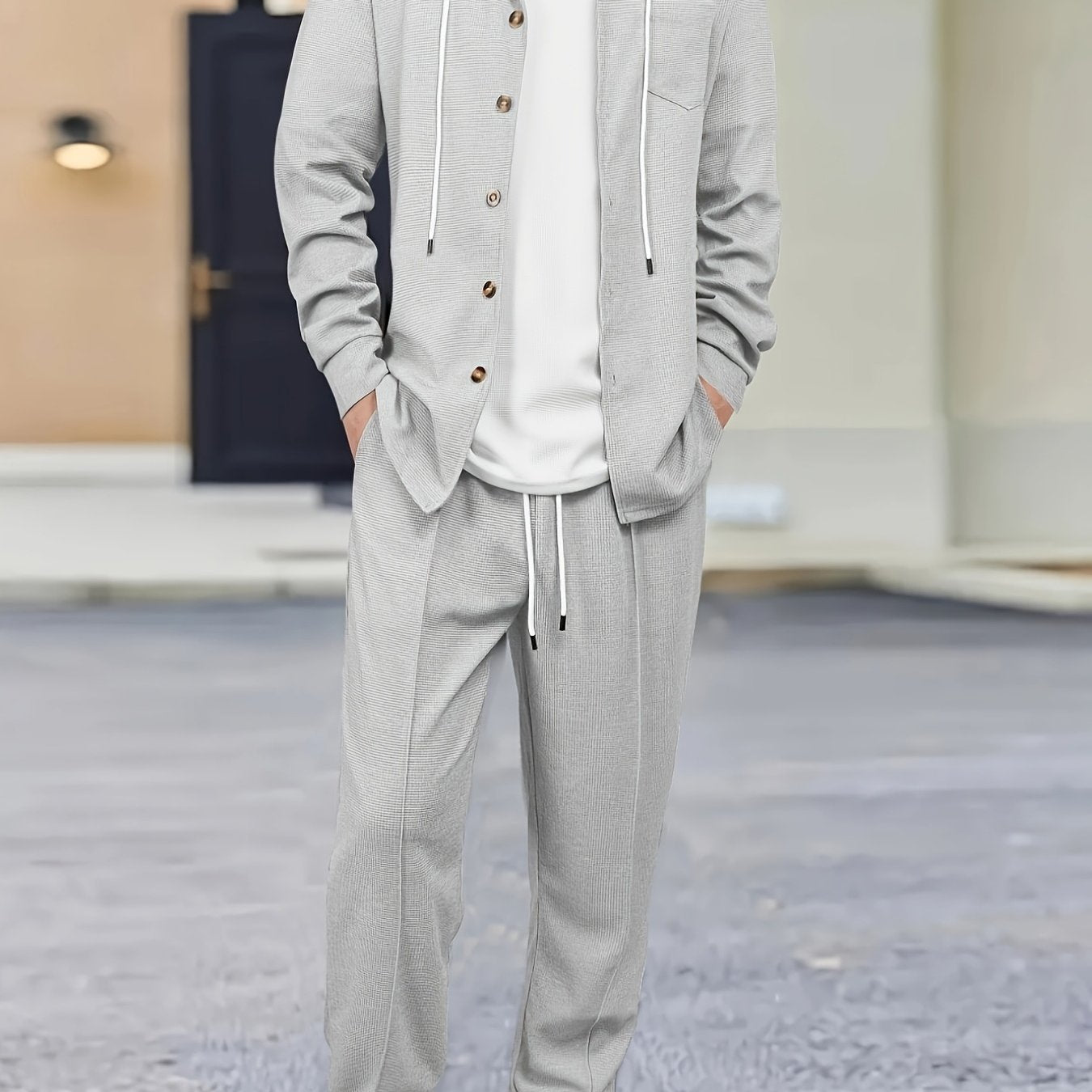 Comfortable Waffle Knit Set Men's Comfortable Two-Piece Waffle Knit Set | Hooded Button-Up Cardigan and Drawstring Sweatpants