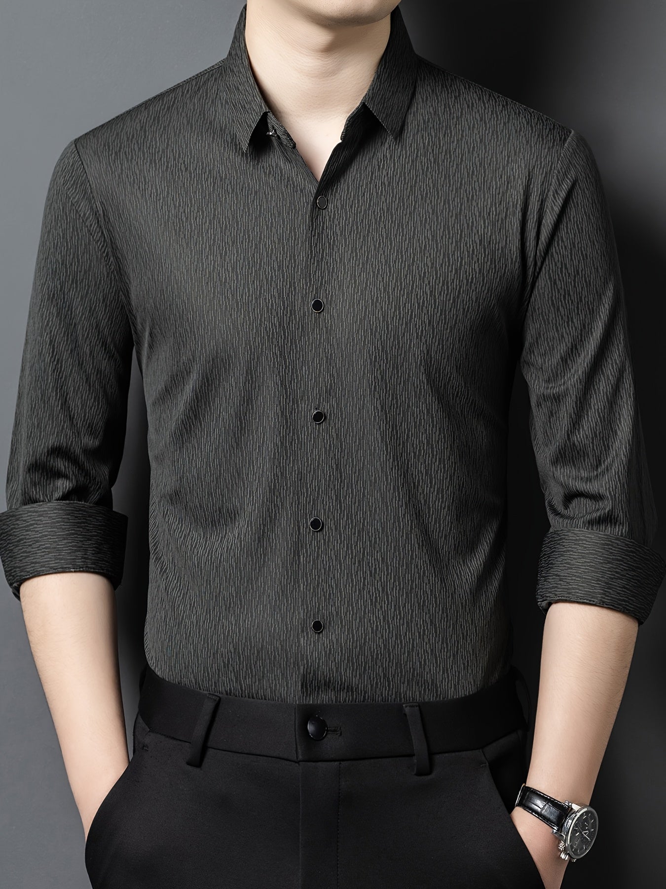 Men's Breathable Long Sleeve Button-Up Shirt - Casual Business Style, Solid Brown, Lightweight Fabric for Spring\u002FFall, Perfect for Office or Leisure Outings,
