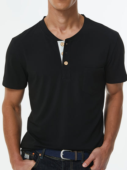 Stylish T-Shirt Soft Stretch Men's Plus Size Casual Henley T-Shirt | Lightweight 175gsm, Regular Fit Round Neck with Chest Pocket & Button Detail,
