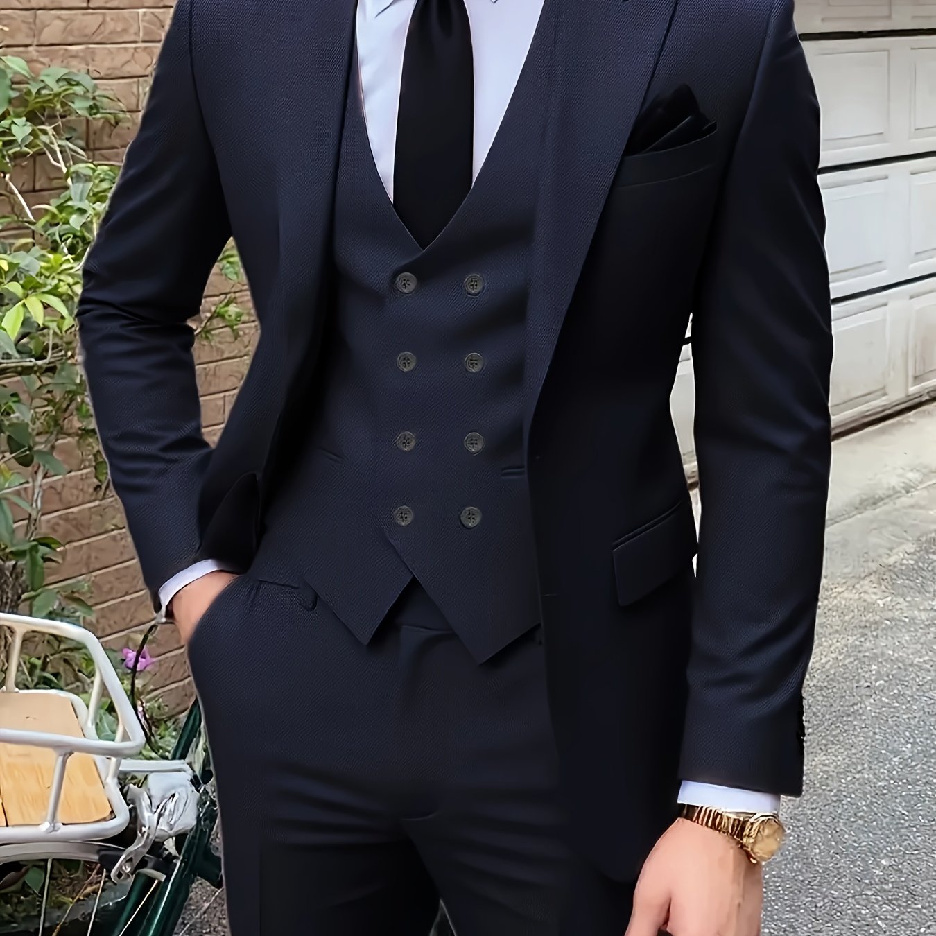 Men'S Premium Three-Piece Suit - Formal Blazer, Trousers & Vest with Black Tie & Pocket Square - Ideal for Weddings, Work, and Formal Events - Durable Woven Fabric,