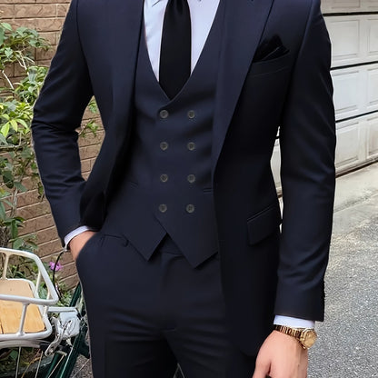 Men'S Premium Three-Piece Suit - Formal Blazer, Trousers & Vest with Black Tie & Pocket Square - Ideal for Weddings, Work, and Formal Events - Durable Woven Fabric,