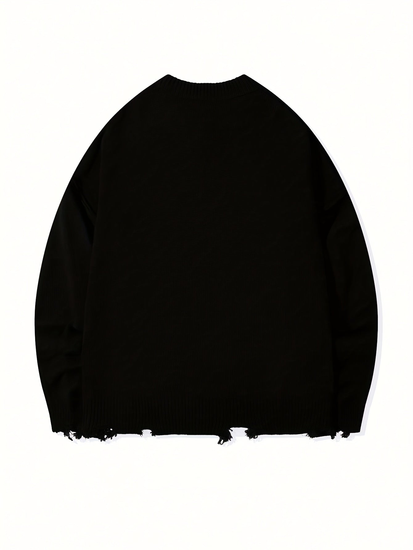 Street Style Chic Unisex Long Sleeve Crew Neck Knit Sweater with Fringe Detail - Loose Fit, Comfortable Drop Shoulder Design for Fall\u002FWinter