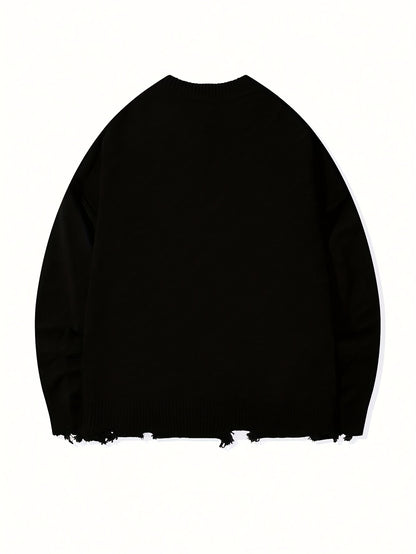 Street Style Chic Unisex Long Sleeve Crew Neck Knit Sweater with Fringe Detail - Loose Fit, Comfortable Drop Shoulder Design for Fall\u002FWinter