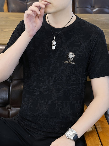 Men'S Elegant Black Short-Sleeve T-Shirt with Intricate Design - Casual Summer Top for Spring\u002FFall