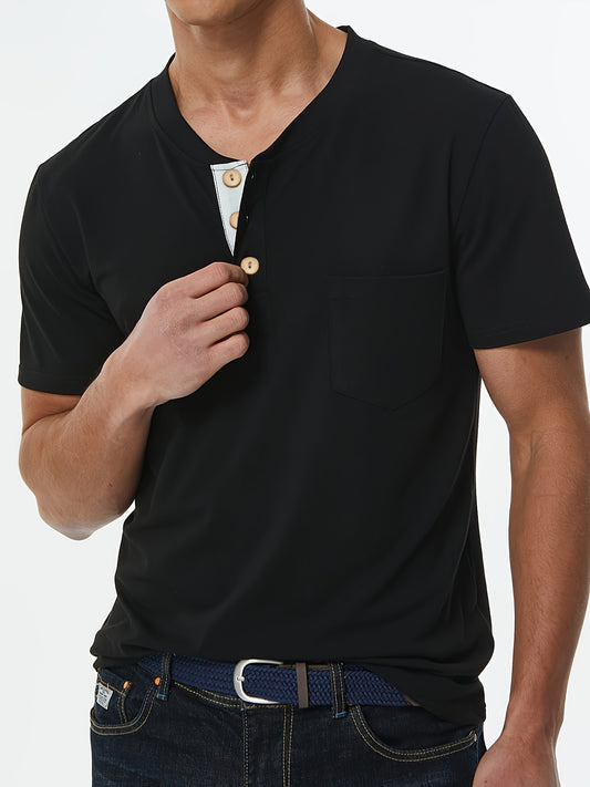 Stylish T-Shirt Soft Stretch Men's Plus Size Casual Henley T-Shirt | Lightweight 175gsm, Regular Fit Round Neck with Chest Pocket & Button Detail,