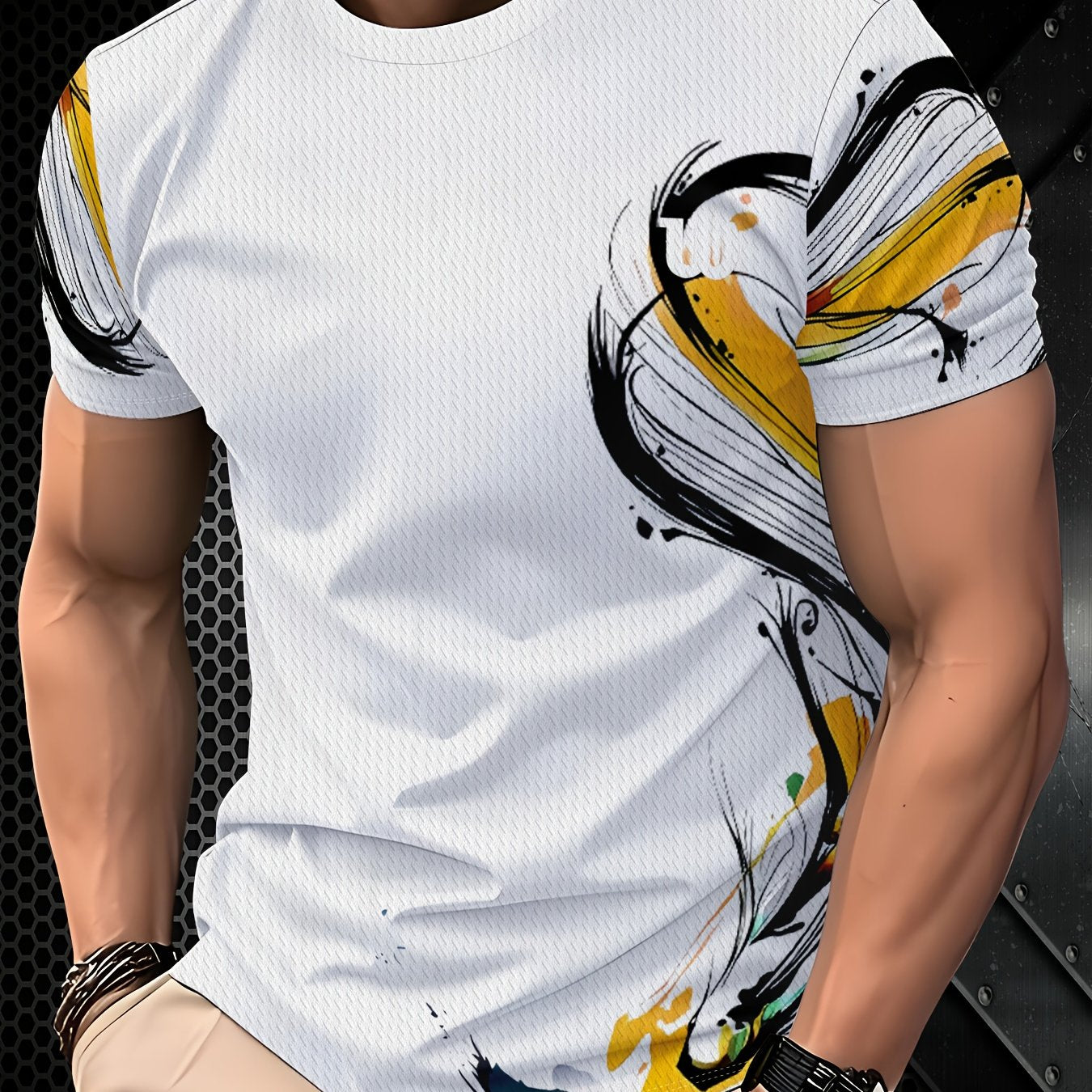Men's Korean Style Casual T-Shirt - Breathable Short Sleeve Round Neck Tee with Abstract Graphic Print, Regular Fit