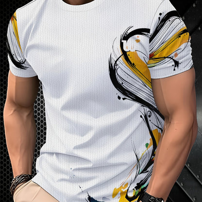 Men's Korean Style Casual T-Shirt - Breathable Short Sleeve Round Neck Tee with Abstract Graphic Print, Regular Fit
