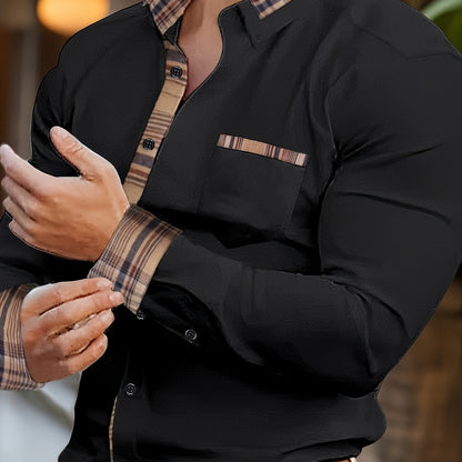Men'S Casual Long Sleeve Shirt with Color Block Pocket Design - Comfortable Collar, Breathable Fabric,