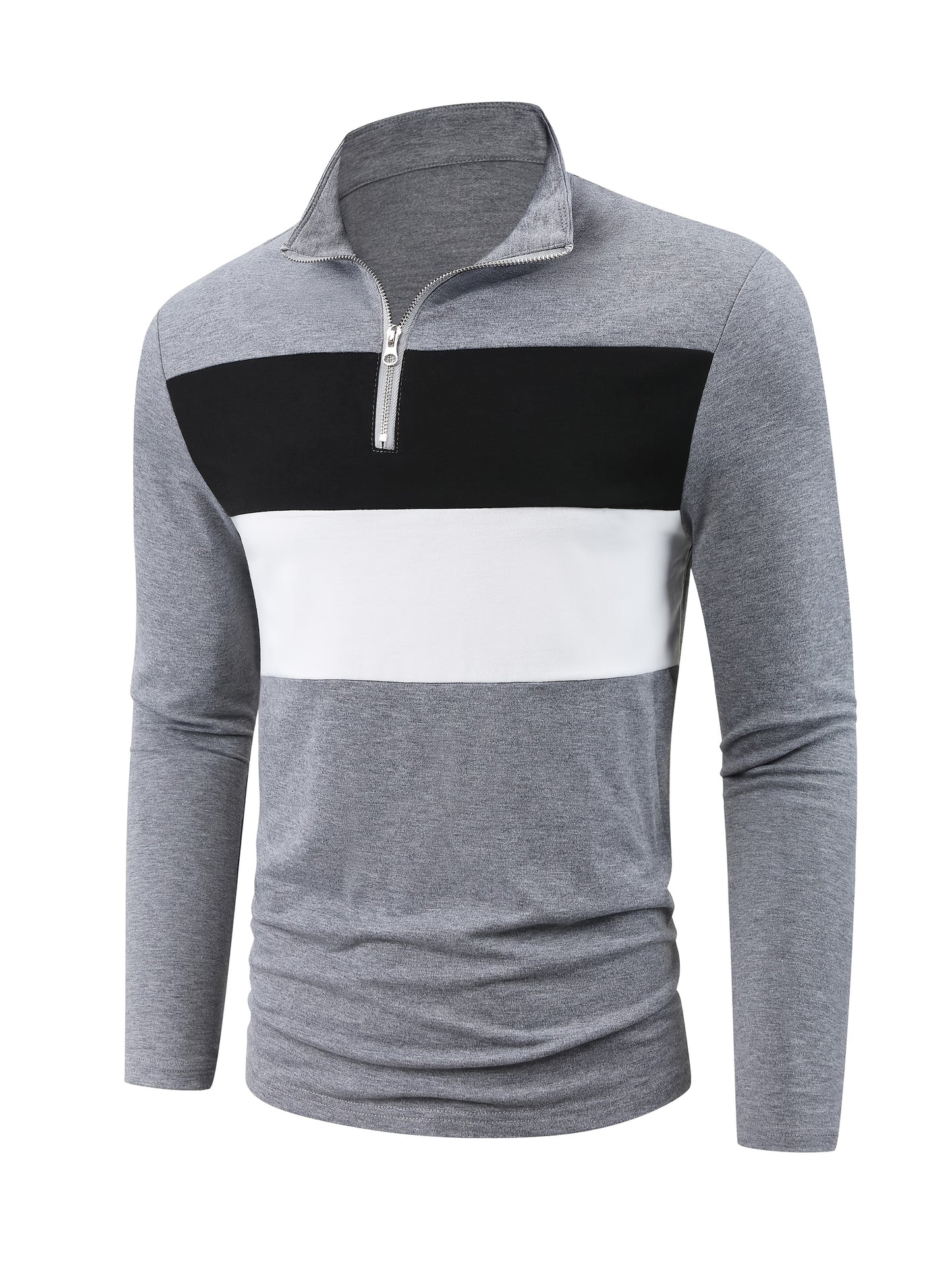 Stretchy T-Shirt Casual Stretchy Polyester Blend Men's Color Block Half-Zip Collared Long Sleeve T-Shirt | Machine Washable, Ideal for Spring & Fall