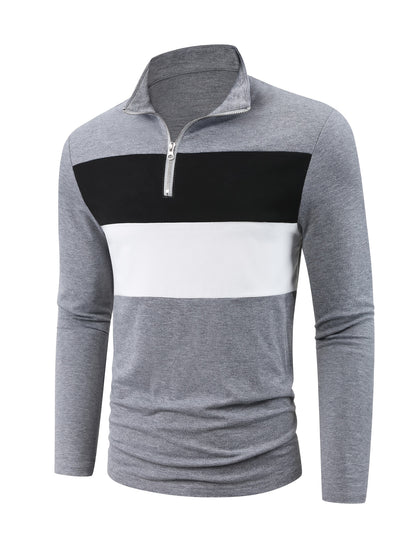 Stretchy T-Shirt Casual Stretchy Polyester Blend Men's Color Block Half-Zip Collared Long Sleeve T-Shirt | Machine Washable, Ideal for Spring & Fall