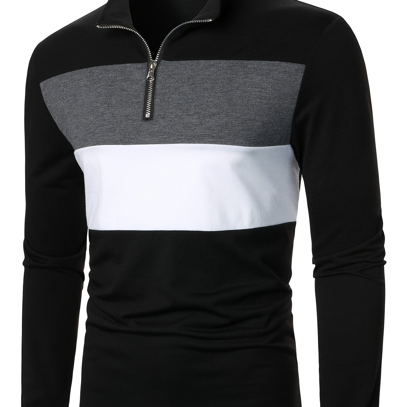 Stretchy T-Shirt Casual Stretchy Polyester Blend Men's Color Block Half-Zip Collared Long Sleeve T-Shirt | Machine Washable, Ideal for Spring & Fall