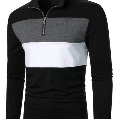 Stretchy T-Shirt Casual Stretchy Polyester Blend Men's Color Block Half-Zip Collared Long Sleeve T-Shirt | Machine Washable, Ideal for Spring & Fall