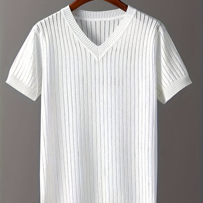 Men's Ice Silky Fiber V-Neck Short Sleeve Knit Sweater - Semi-Sheer Openwork Design, Solid Color Casual Pullover for Spring & Fall, Breathable & Versatile