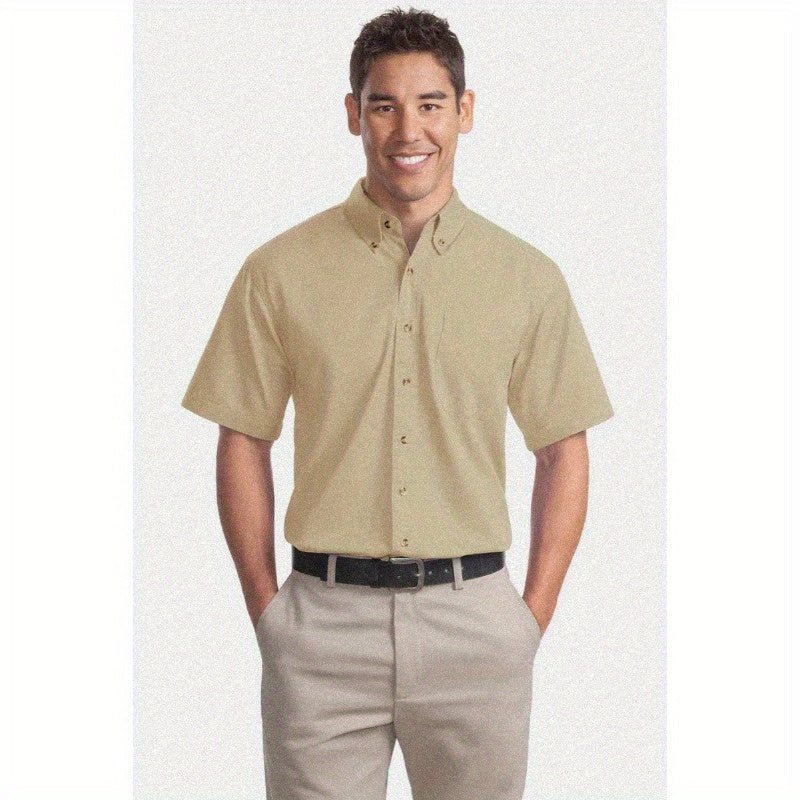 Port Authority Men's Short Sleeve Twill Shirt S500T - 5-Ounce Heavyweight 100%, Wrinkle-Resistant & Easy-Care, Classic Pointed Collar with Horn Buttons,