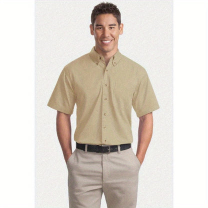 Port Authority Men's Short Sleeve Twill Shirt S500T - 5-Ounce Heavyweight 100%, Wrinkle-Resistant & Easy-Care, Classic Pointed Collar with Horn Buttons,