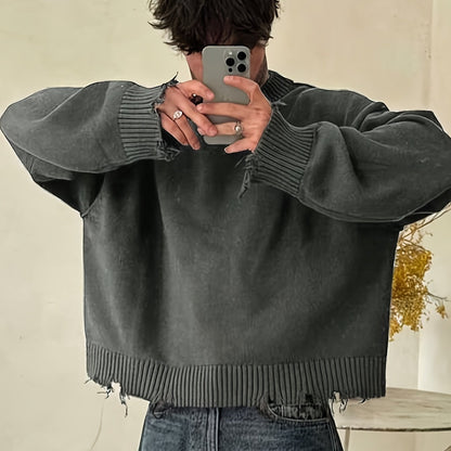 Street Style Chic Unisex Long Sleeve Crew Neck Knit Sweater with Fringe Detail - Loose Fit, Comfortable Drop Shoulder Design for Fall\u002FWinter
