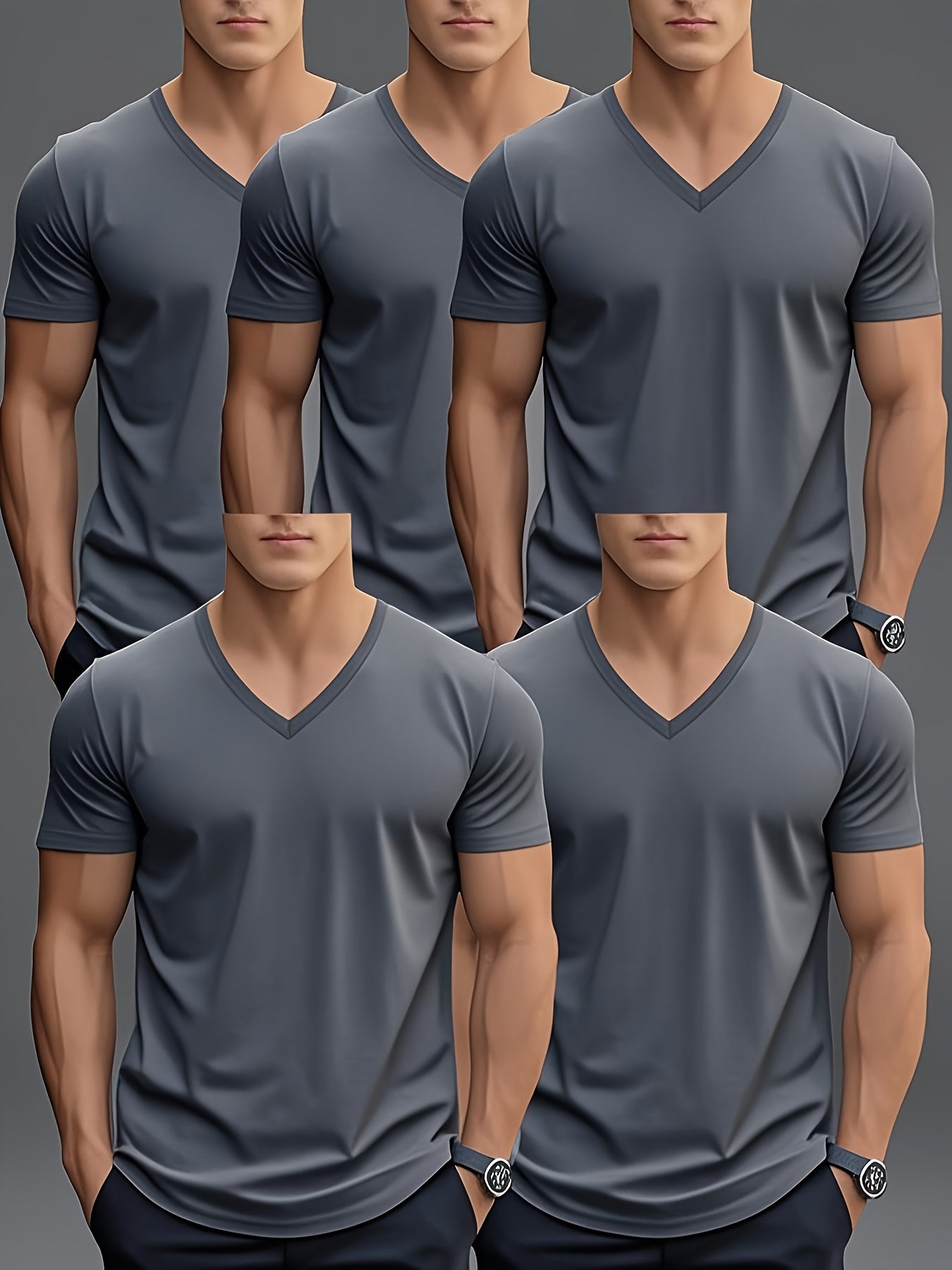 Men'S Summer Classic V-Neck Casual Short Sleeve T-Shirt Set of Five Pieces: Black, White, Gray, Navy Blue, and Dark Gray with Orange Print, PLUS SIZE
