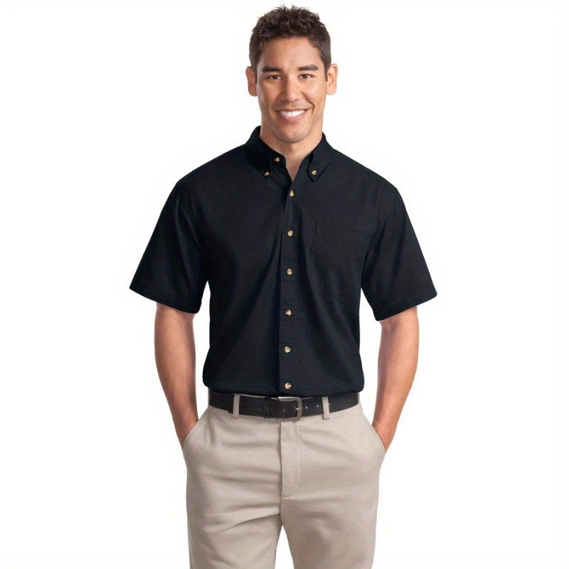Port Authority Men's Short Sleeve Twill Shirt S500T - 5-Ounce Heavyweight 100%, Wrinkle-Resistant & Easy-Care, Classic Pointed Collar with Horn Buttons,