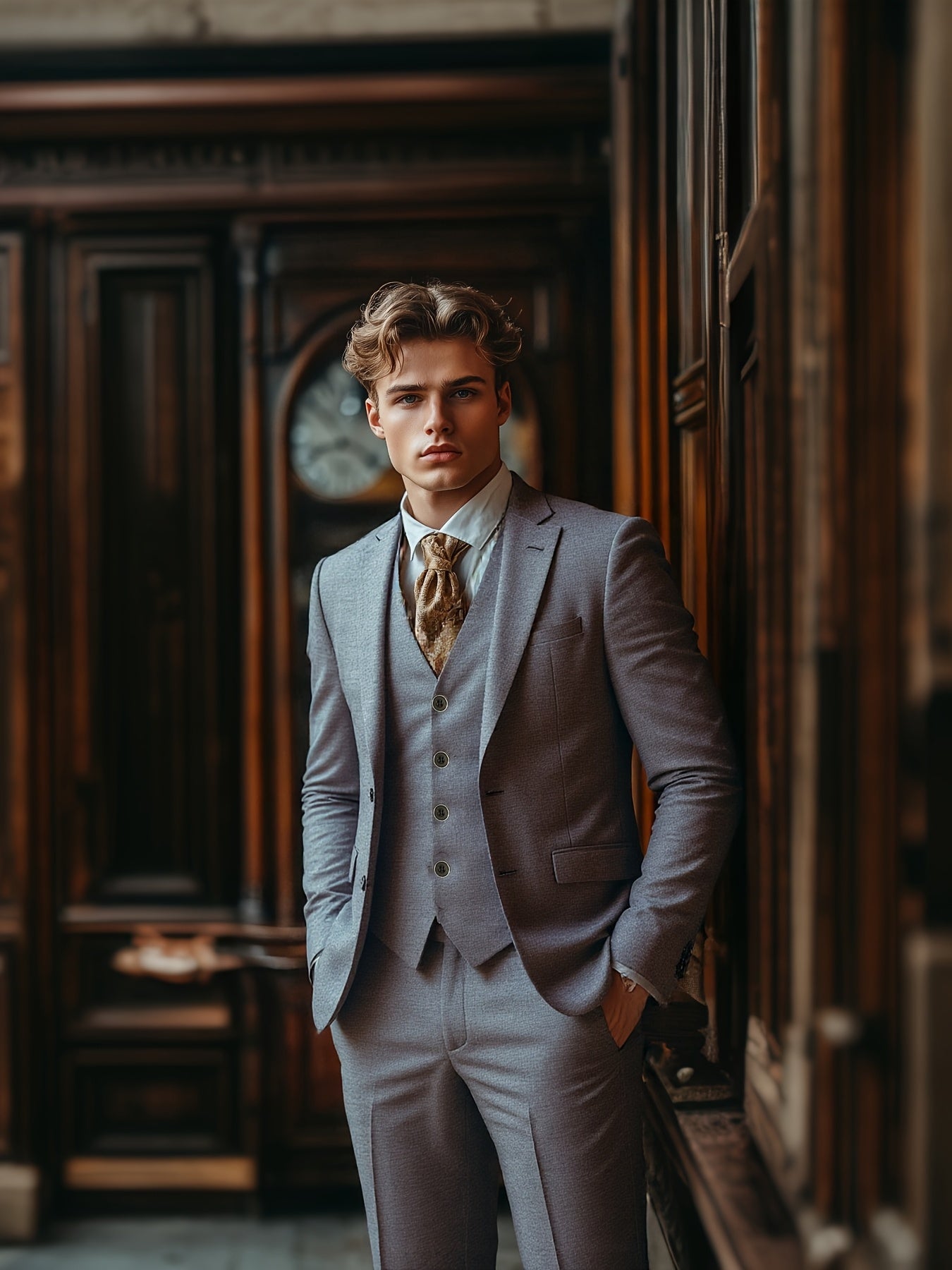 Men's Three-Piece Suit Set with Vest, Trousers, and Tie for Weddings and Formal Occasions