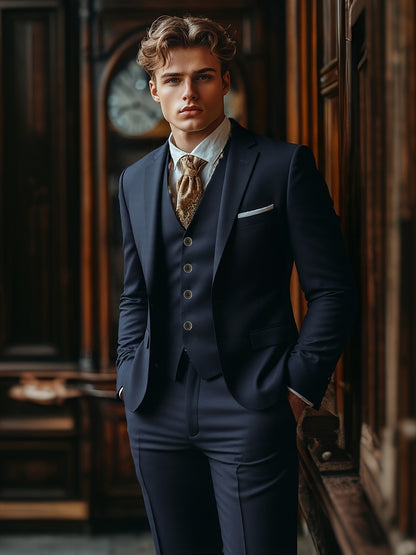 Men's Three-Piece Suit Set with Vest, Trousers, and Tie for Weddings and Formal Occasions
