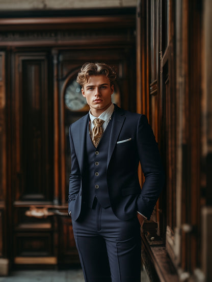 Men's Three-Piece Suit Set with Vest, Trousers, and Tie for Weddings and Formal Occasions