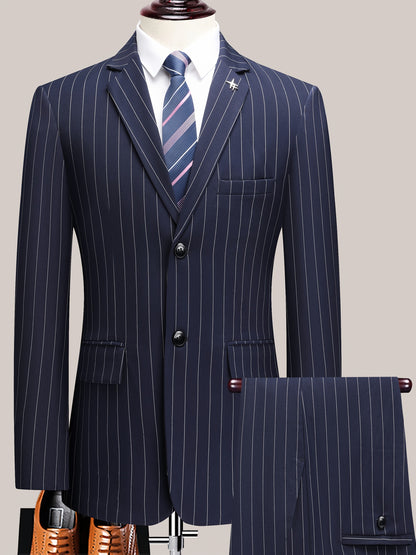 Men'S Striped Suit Set for Business Casual And Formal Events, Featuring a Lightweight Design Suitable for Spring And Autumn. The Two-Piece Suit Is Durable,