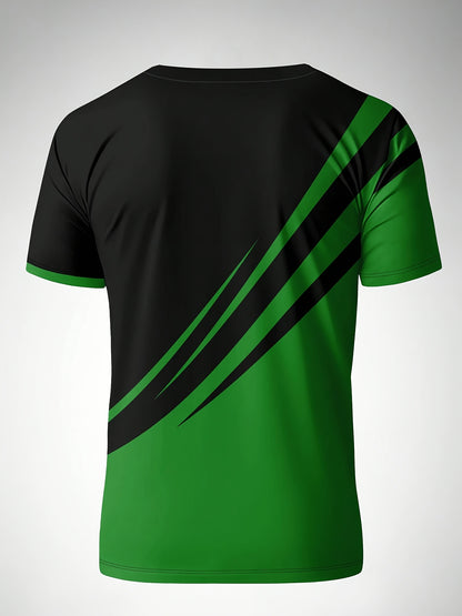 Men'S Casual T-Shirt with Bold Green & Black Striped Design - Breathable Short Sleeve Round Neck Tee,