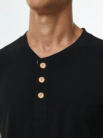 Stylish T-Shirt Soft Stretch Men's Plus Size Casual Henley T-Shirt | Lightweight 175gsm, Regular Fit Round Neck with Chest Pocket & Button Detail,