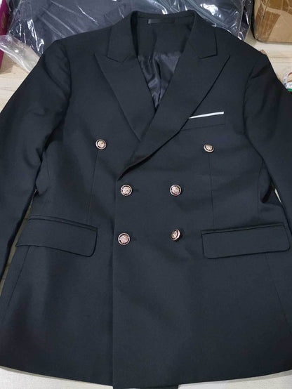 1pc Navy Blue Men's Double-Breasted Notch Lapel Suit Jacket - Luxury Business Casual Coat with Golden-Tone Buttons,